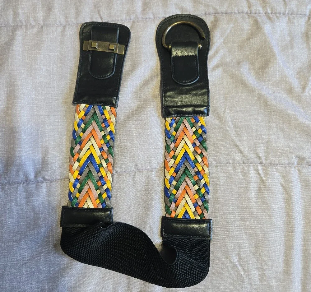 Source Unknown Multicolor Braided Elastic Belt with Black Faux-Leather Center